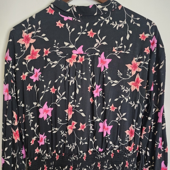 Free People Black Floral Button Up Smocked Waist Long Sleeve Mini Dress Medium - Picture 12 of 15